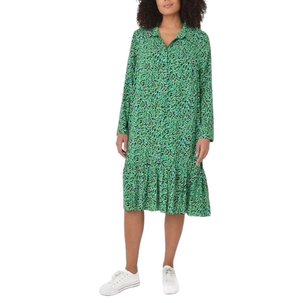 LIVE UNLIMITED Women's Smudge Print Shirt Dress size 1X Green Black Tier Ribbon